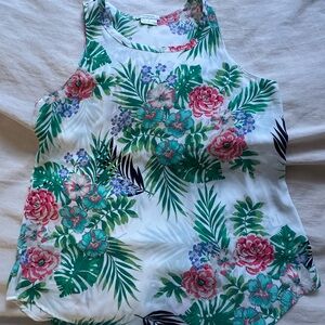 Van Heusen White Floral Tank Top with Green and Pink Print